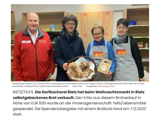 Bücherei Rietz spendet der Vinzenzgemeinschaft Telfs
